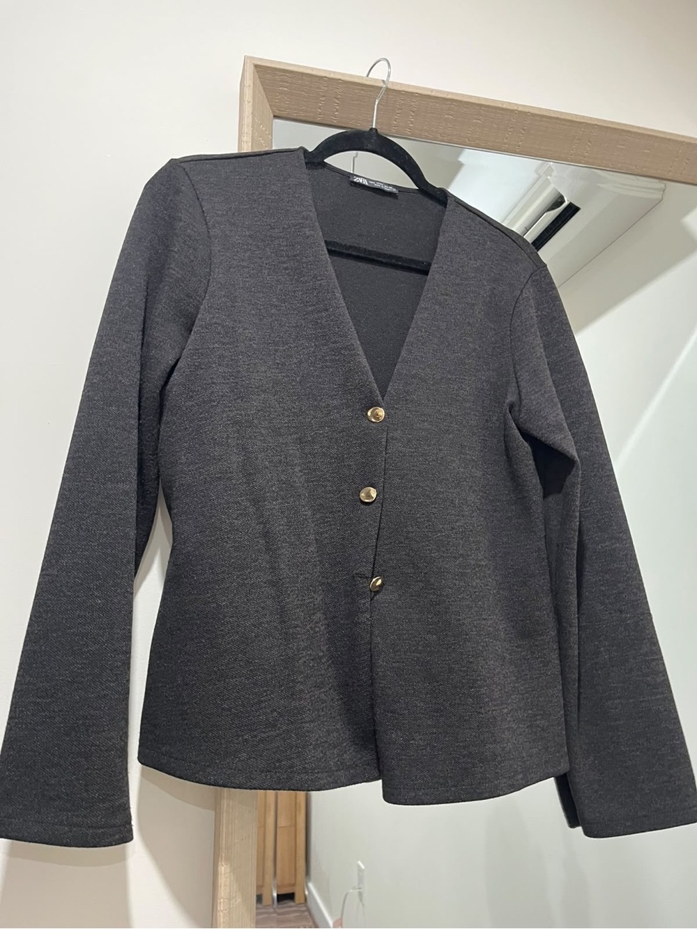 Zara women’s Dark Charcoal V-Neck cardigan with Gold Buttons size L